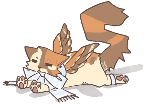 A picture of Helios, the website's mascot who is a winged calico cat with a light blue scarf, flopped belly-down on the ground with his paws out in front and behind him. He looks upset.