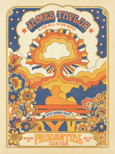 A retro looking poster for a James Taylor concert in the Newark, NJ Prudential Center. Of note are the colors and cloud motif, which were very similar to the Last Sunrise v2 index.