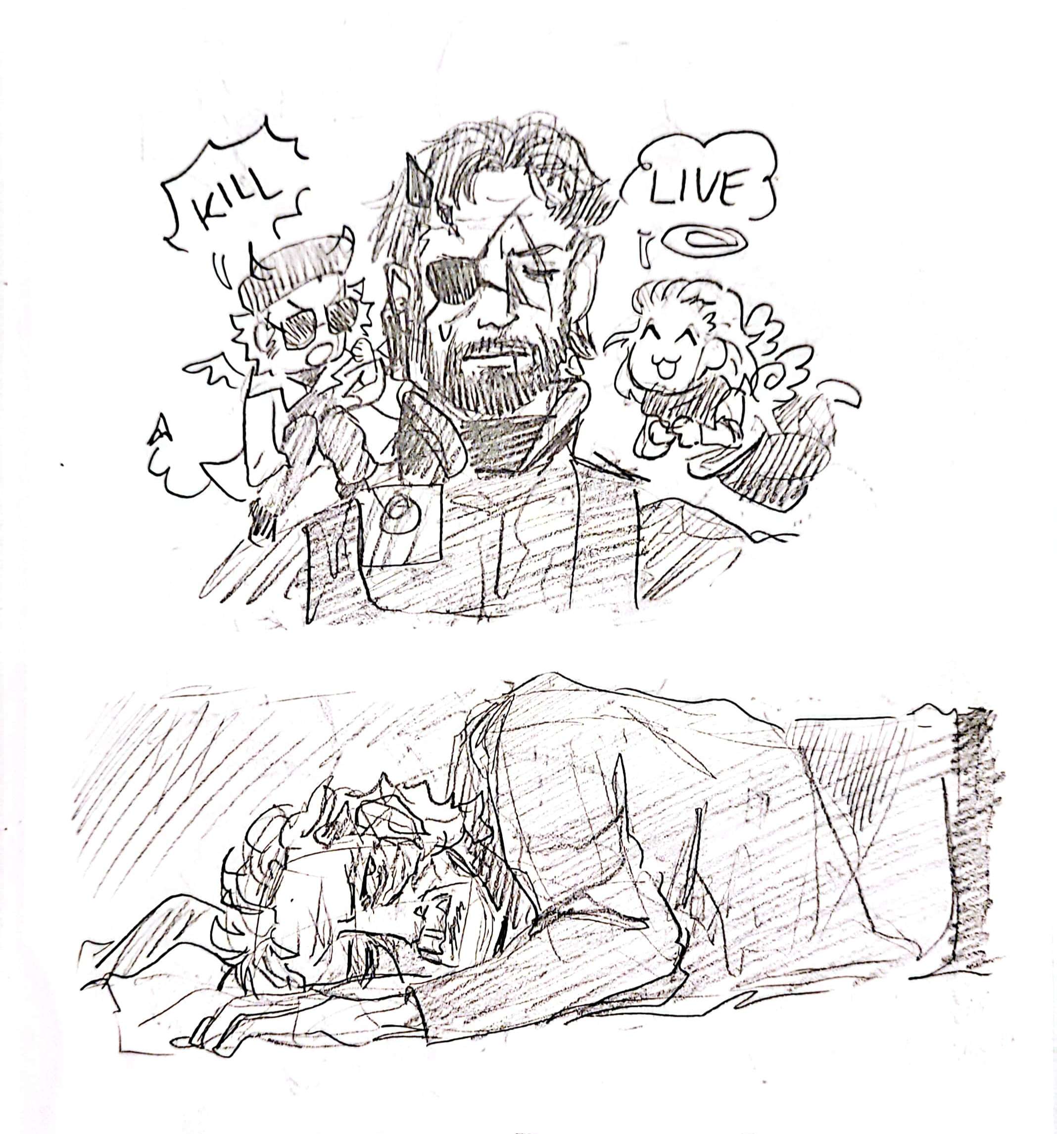 On top of the page, Venom Snake with an angel Ocelot and demon Kaz on his shoulders saying 'KILL' and 'LIVE' respectively; below is a sketch of Old Snake in casual wear lying down, looking worn
