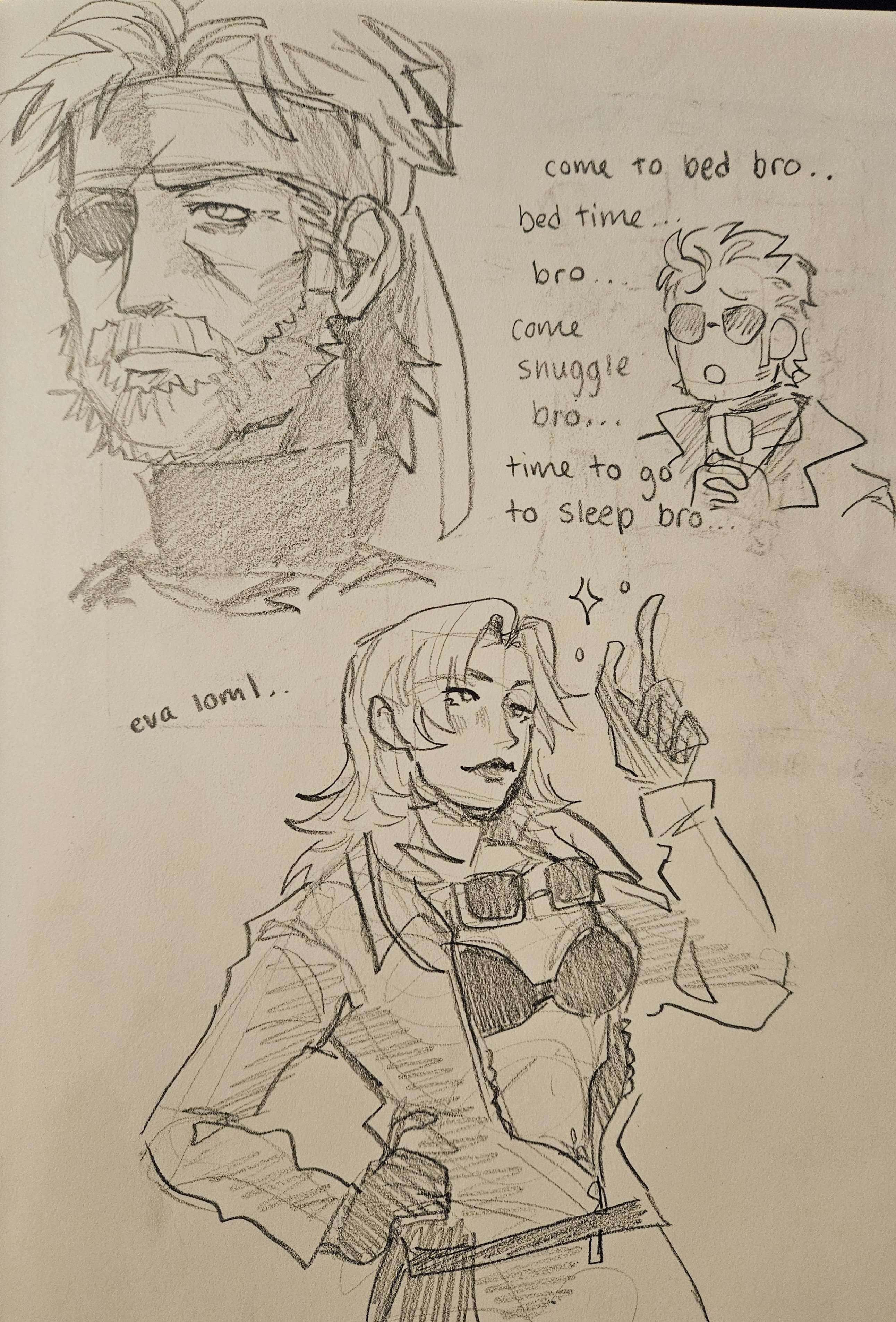 Sketchbook drawings of Big Boss, EVA and a teensy Kaz captioned 'come to bed bro... bed time... bro... come snuggle bro... time to go to sleep bro...'