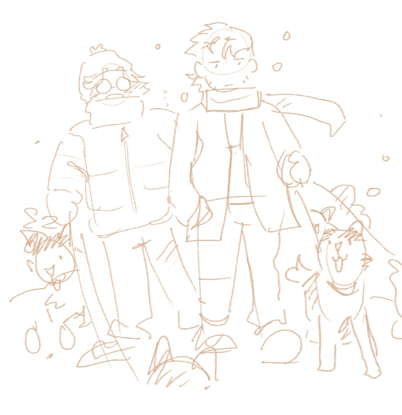 Doodle, Snake and Otacon taking some huskies for a walk, they're both all bundled up but Otacon's face is barely visible behind the scarf