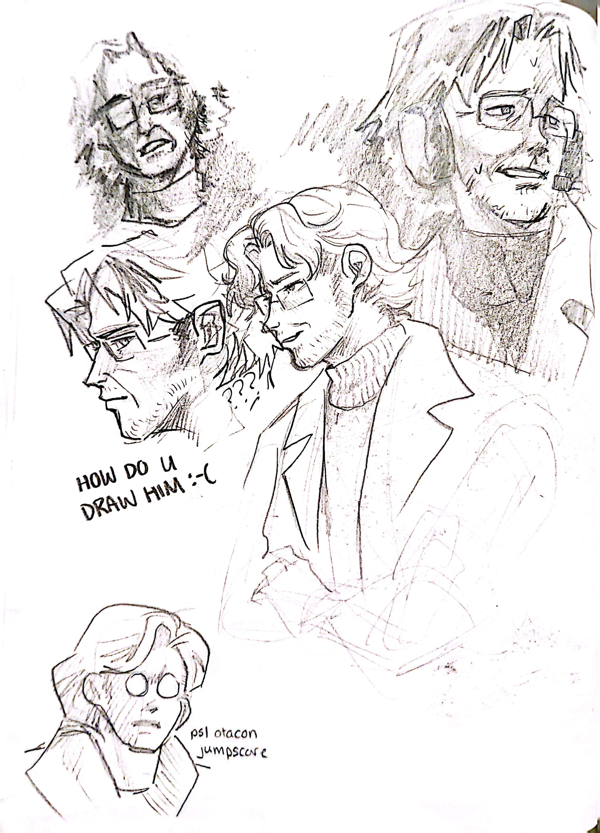 A page full of Otacon studies captioned 'HOW DO U DRAW HIM :-(' there's a sketch of his MGS1 model at the bottom captioned 'PS1 Otacon jumpscare'