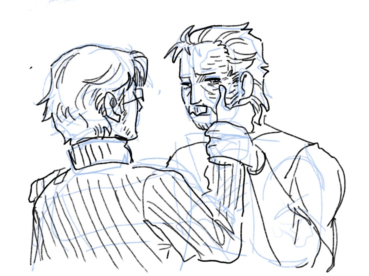 MGS4 era sketch, Otacon holding a scarred Old Snake's cheek