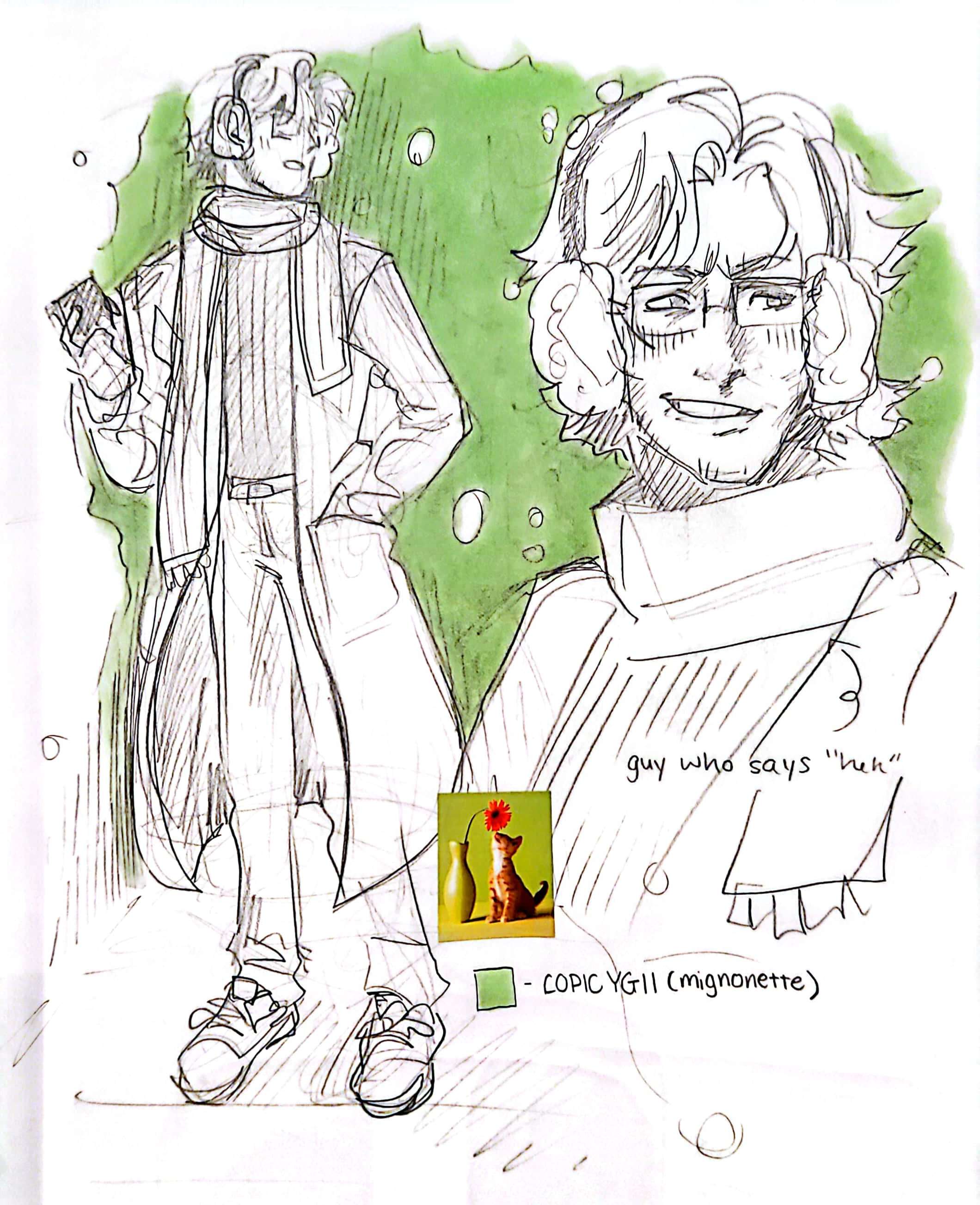 A fullbody sketch of Otacon in a winter outfit (scarf around his neck, earmuffs and a long coat), to the right is a portrait of him smiling awkwardly, flushed from the cold. The background is colored green with a copic marker and there's a random green cat sticker in between the sketches