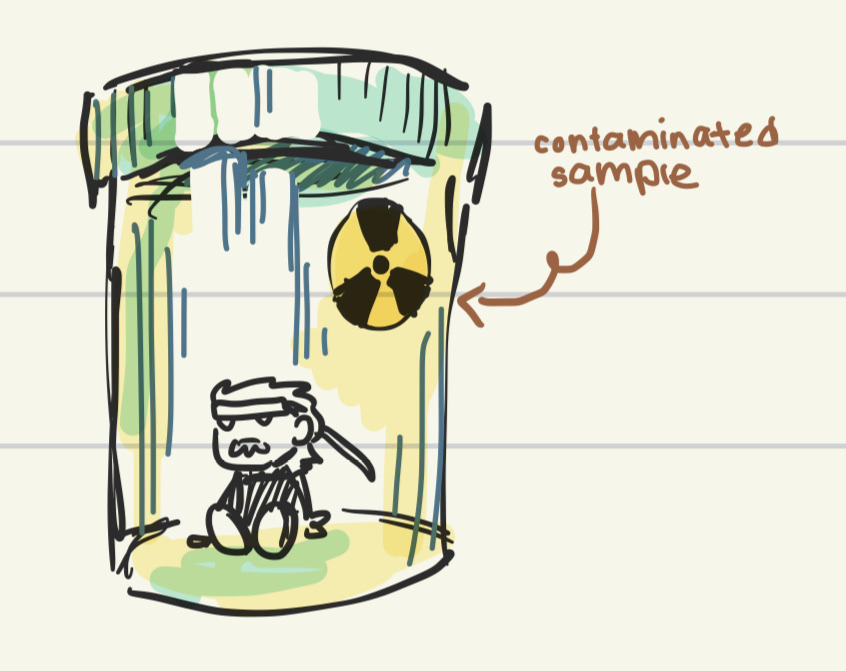 Doodle, a teensy Old Snake in a pill bottle with a radiation symbol, there's an arrow pointing to him that says 'containminated sample'