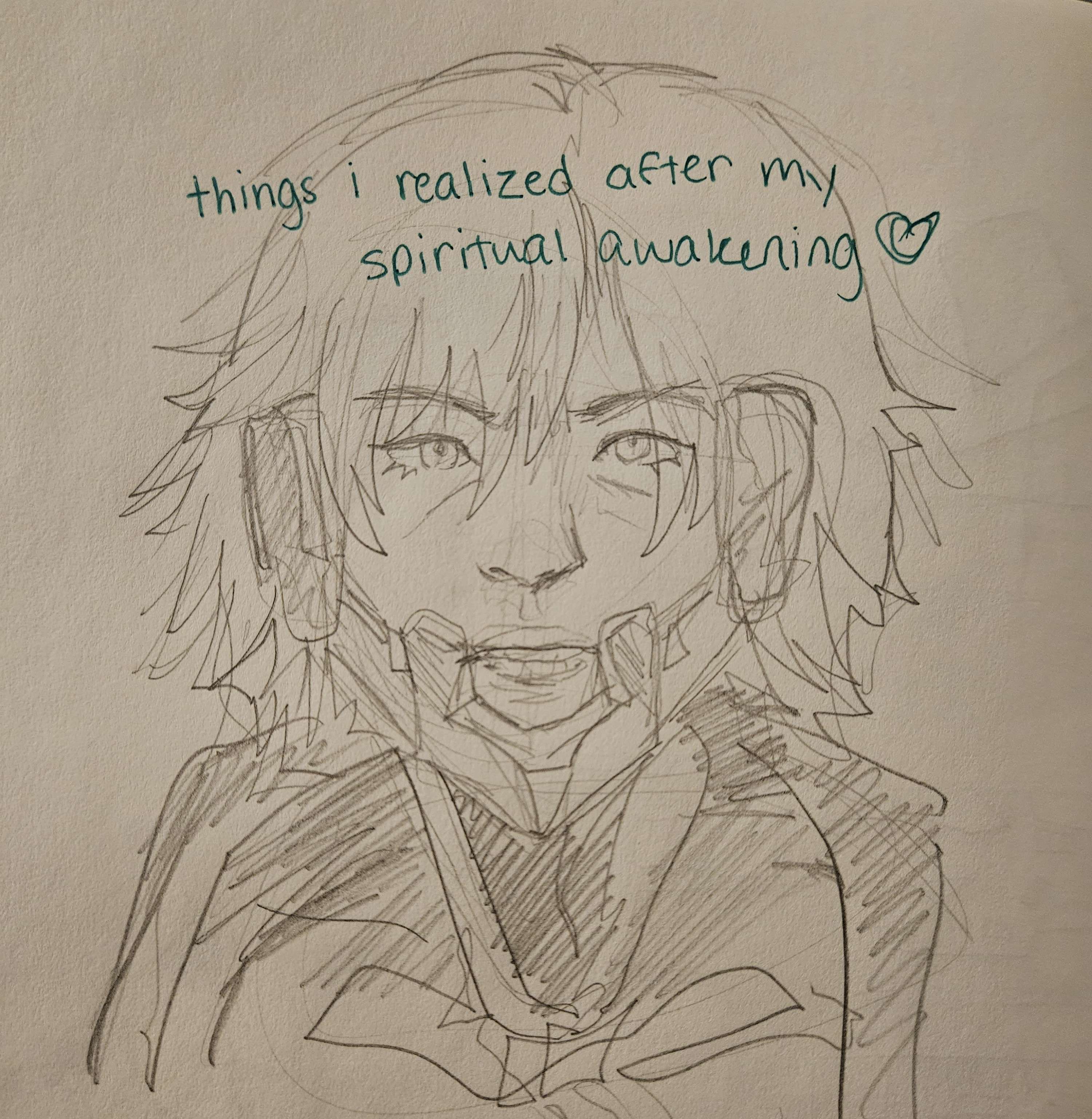 Sketchbook drawing of Raiden (MGS4) with the text 'things i realized after my spiritual awakening <3'