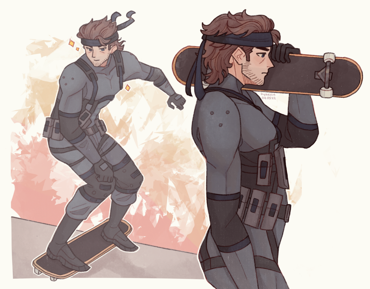 Full piece, Snake holding a skateboard up on his shoulders on the right, a faded picture of him actually skating on the left