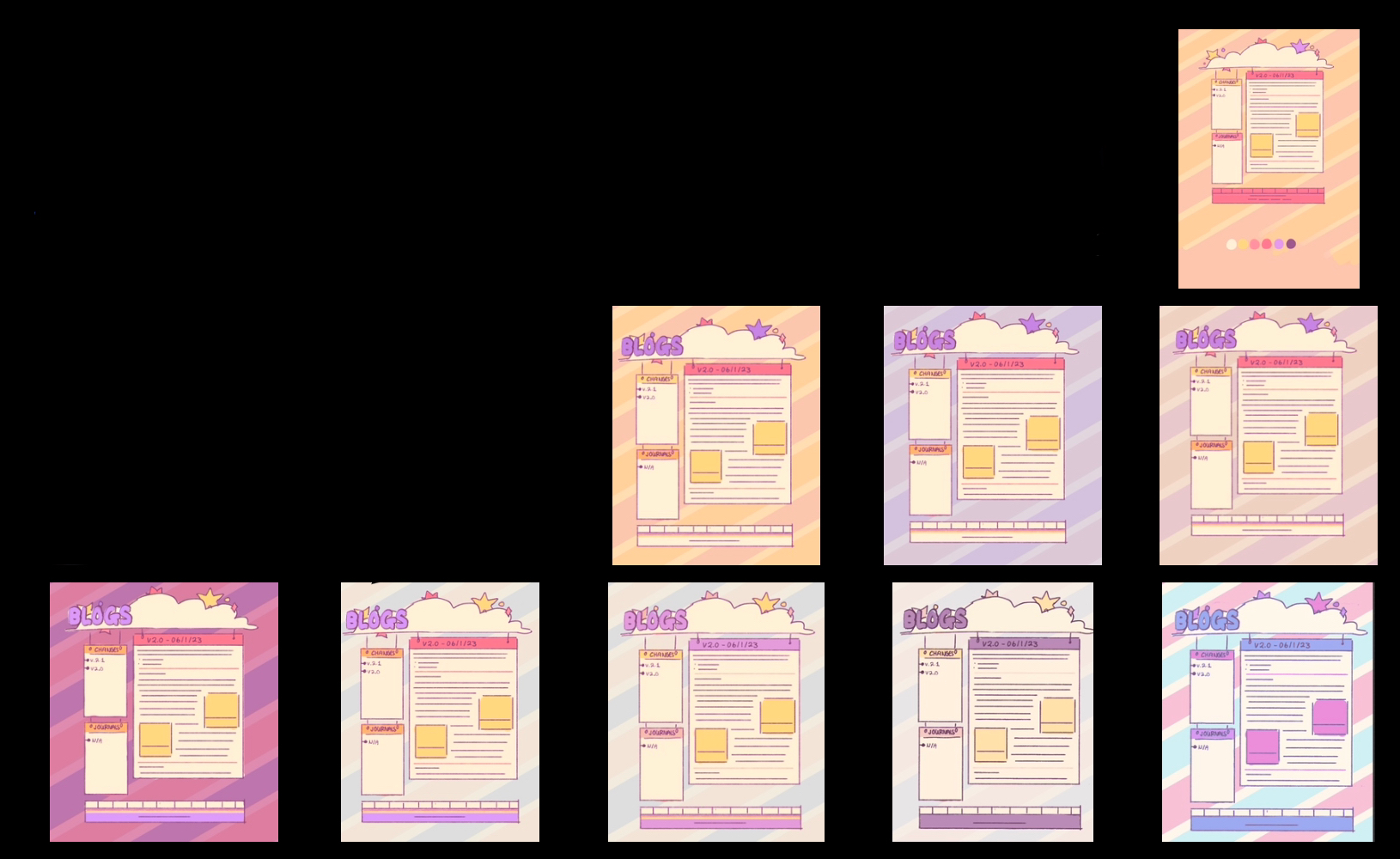 An array of different color themes for the layout sketch from above. There's nine shown in the screenshot.