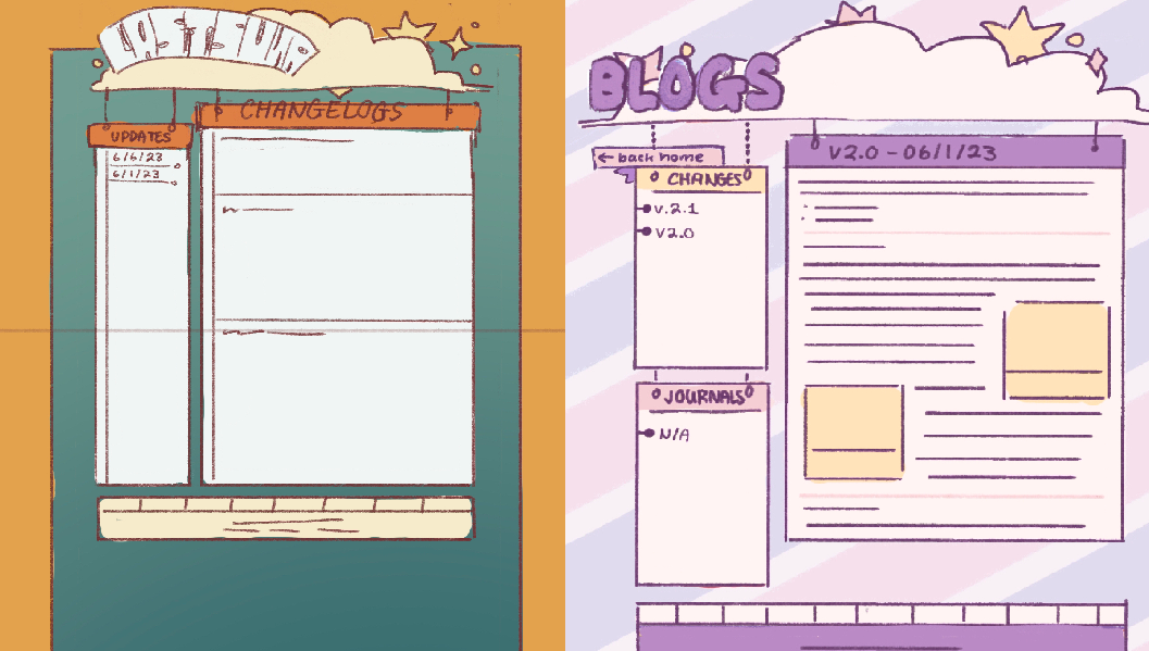 Two sketches of the site layouts. The leftmost one follows the same color scheme as the index, with a lot of the same style motifs. The rightmost one is an almost exact match of the final blog page. Both pictures have a really similar layout.