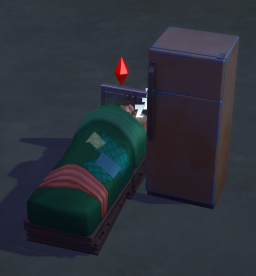 A Sims 4 screenshot, Miguel sleeping in a patchwork bed with the rustiest fridge ever next to him.