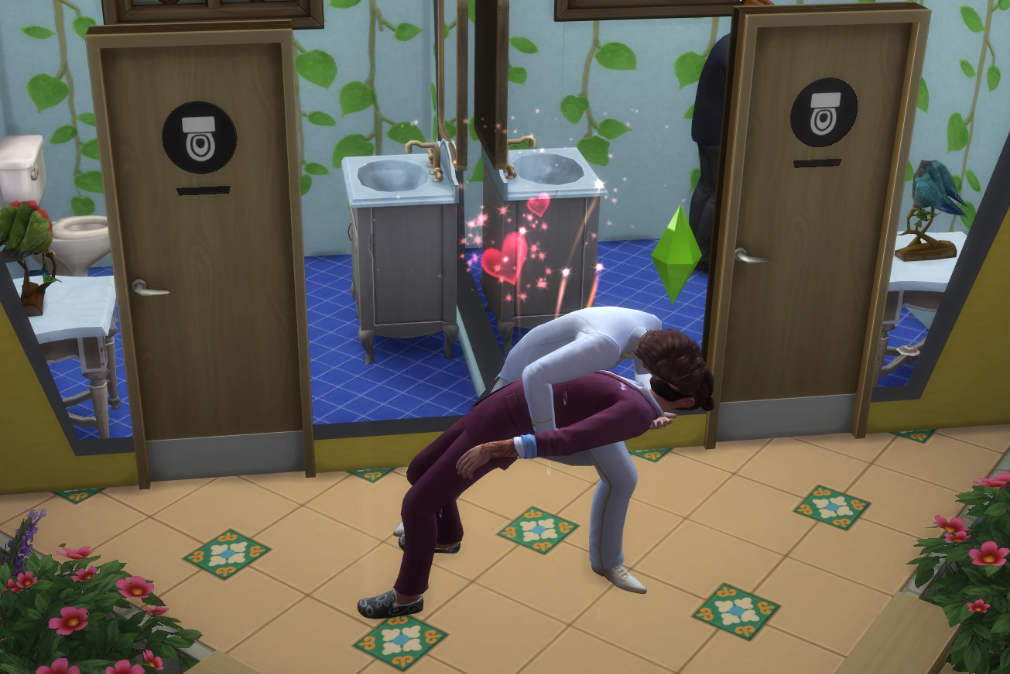A Sims 4 screenshot, Miguel dipping Salim down outside of a public restroom, both in their wedding suits, and kissing him.