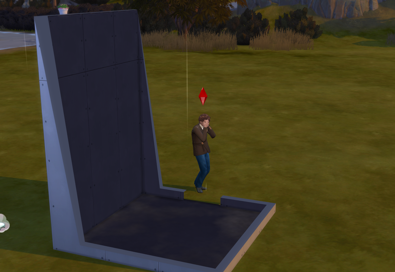 A Sims 4 screenshot, Miguel crying outside of his empty cube home.