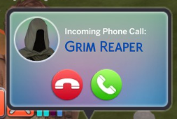 A Sims 4 screenshot, a UI of the Grim Reaper calling.