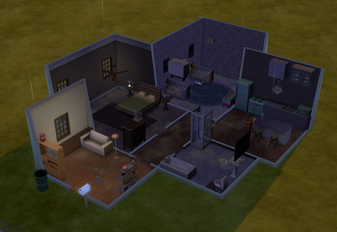 A Sims 4 screenshot, an indoor view of a decently sized 2 bedroom 1 bathroom home.