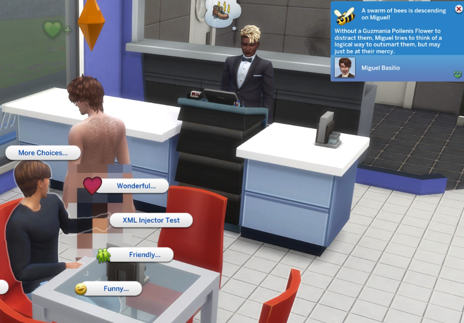 A Sims 4 screenshot, taken in a restuarant where Miguel Basilio is naked, Logan is looking at him while speaking, and there's a popup in the corner about a swarm of bees descending upon Miguel.