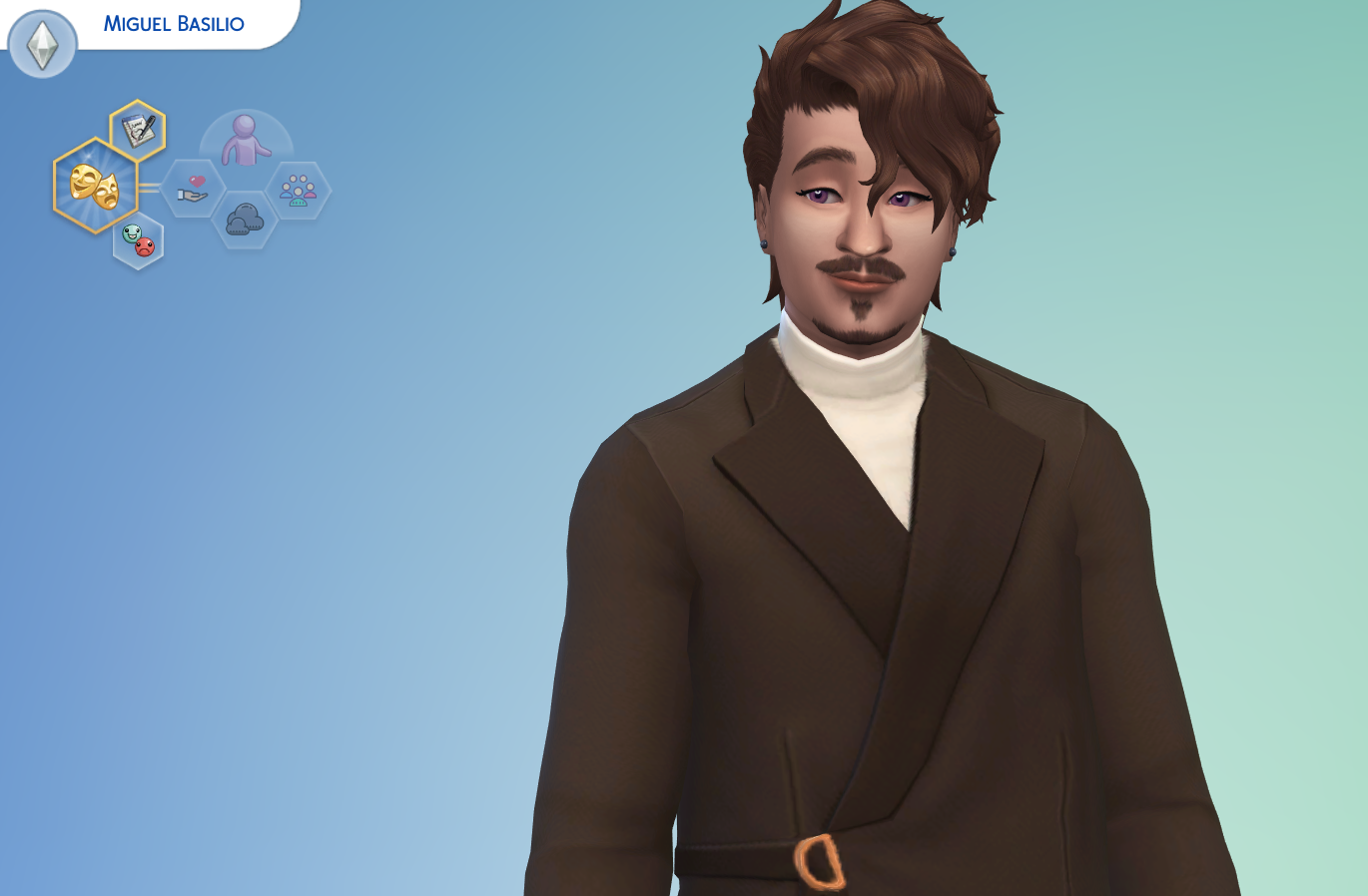 A Sims 4 screenshot, Miguel Basilio in the CAS screen. he has cool, light tapue skin, wavy brown hair swept into fringe covering the stage-right side of his face, a neatly trimmed goatee, and wears brown, comfy looking clothes. Interestingly, his monolid eyes are purple.