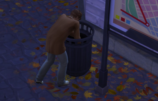 A Sims 4 screenshot, Miguel Basilio rummaging through a trash can in the middle of winter