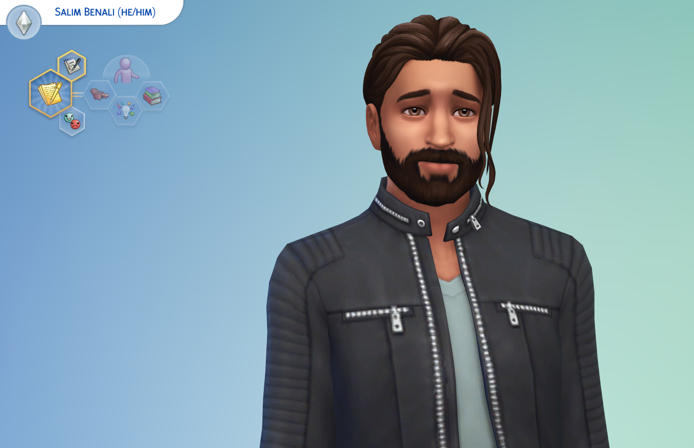 A Sims 4 screenshot, the CAS screen for Salim Benali, who wears dark clothing, has dark brown hair in a low, messy bun, a trimmed full beard, kind brown eyes and mid-light russet skin.
