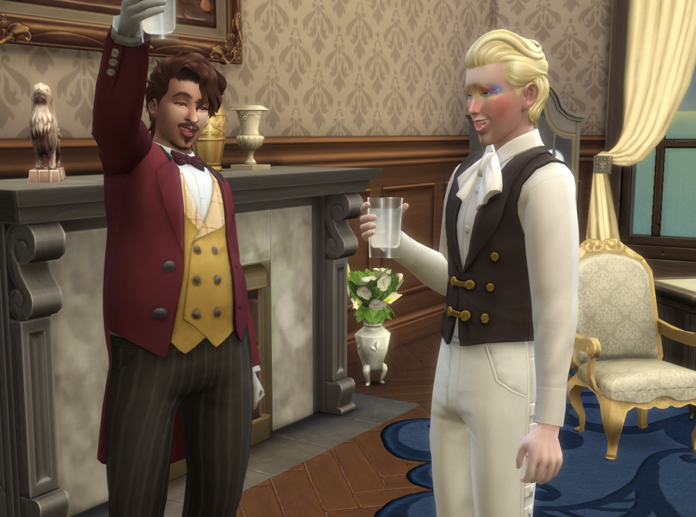A Sims 4 screenshot, Miguel in victorian velvet suits raising a glass and smiling on set.