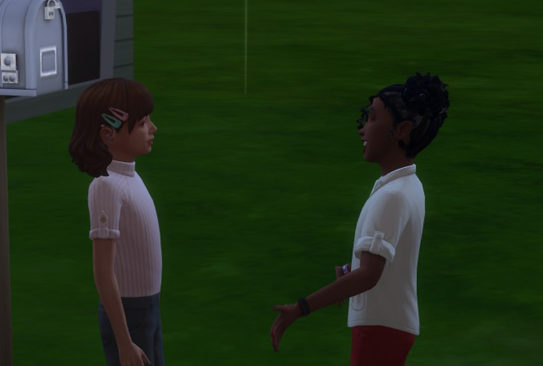 A Sims 4 screenshot, Elmira chatting with another girl her age outside of the Basilio house.