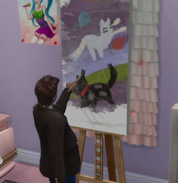 A Sims 4 screenshot, Miguel painting an easel inside Elmira's room. The painting looks objectively bad.