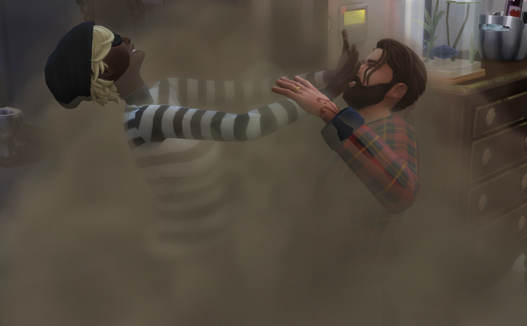 A Sims 4 screenshot, Salim fighting a burgular, comical clouds of dust around them as their hands are pushing against each other's faces.