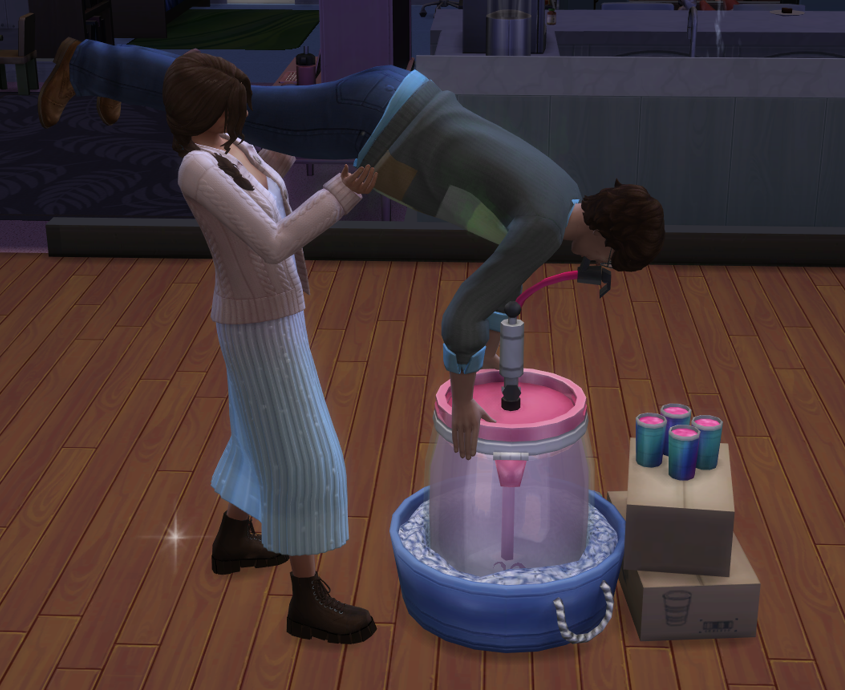 A Sims 4 screenshot, Elmira Basilio holding Etan up as he tries to do a keg stand.