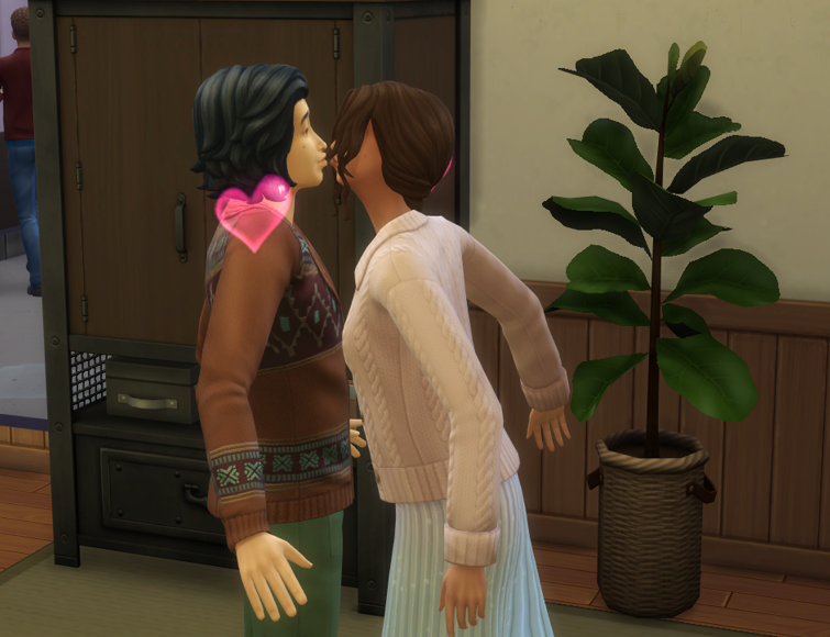 A Sims 4 screenshot, Elmira Basilio having her first kiss with George Laurent