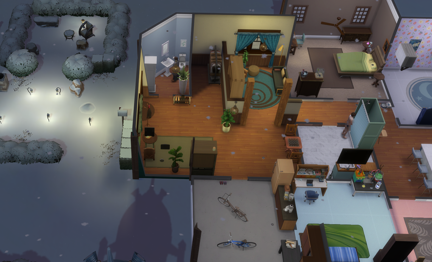 A Sims 4 screenshot, A top-down view of the Basilio house, complete with an actual entrance area with little lights and a tiny garden, as well as a garage, reading nook, bathroom, and randomly placed chess table.