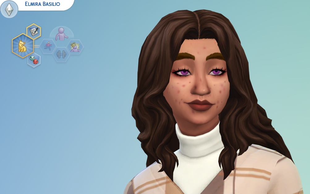 A Sims 4 screenshot, A young adult Elmira in the Create A Sim menu. She has long, curly brown hair, a light-tan skin, and bright purple eyes with average makeup.