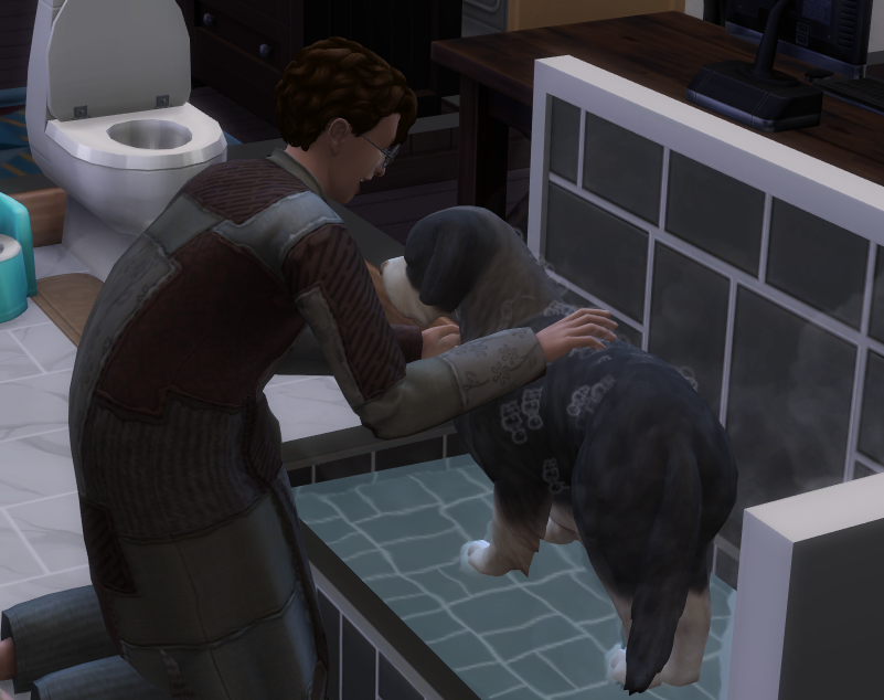 A Sims 4 screenshot, Etan giving Bailey a scrubdown in his little doggy bath.