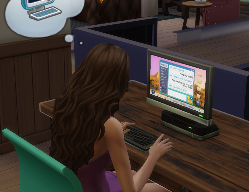 A Sims 4 screenshot, Elmira on the family computer typing away.