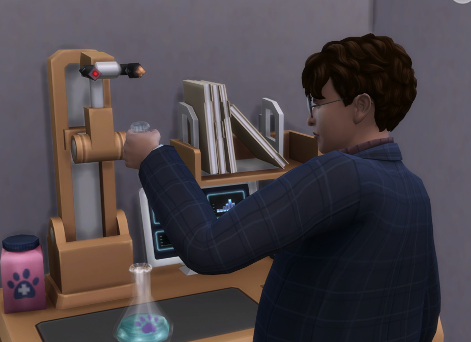 A Sims 4 screenshot, Etan tinkering around on a veterinary table for fun.