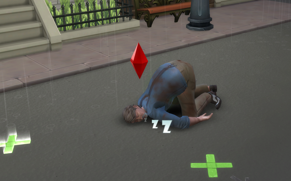 A Sims 4 screenshot, an elderly Miguel passed out face down on a sitcom set.