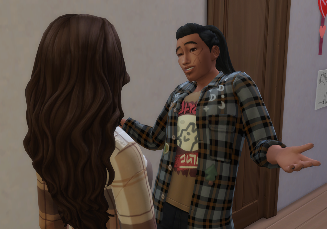 A Sims 4 screenshot, Elmira talking to her new friend, Doba Claw. He's raising his hands and shoulders as he talks animatedly.
