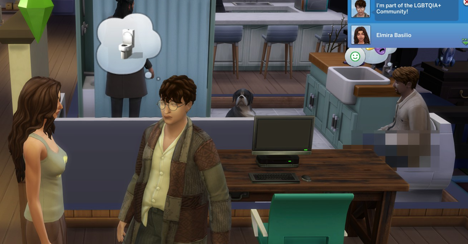 A Sims 4 screenshot, Etan and Elmira talking, a popup in the corner from Etan saying 'I'm part of the LGBTQIA+ Community!'