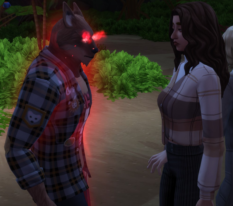 A Sims 4 screenshot, Doba, in werewolf form, glowing red looking at Elmira. Elmira is looking back at him in shock. They're both on a beach.