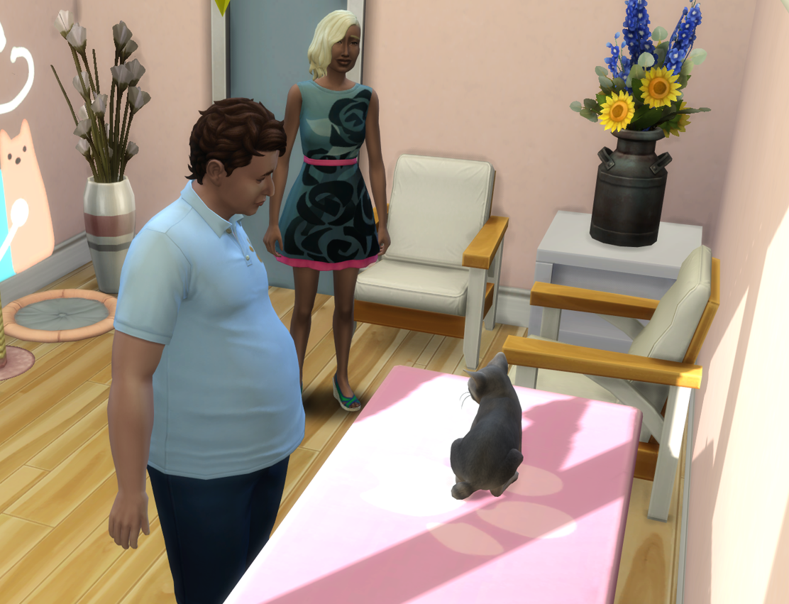 A Sims 4 screenshot, Salim doing down dog position on a little yoga mat.