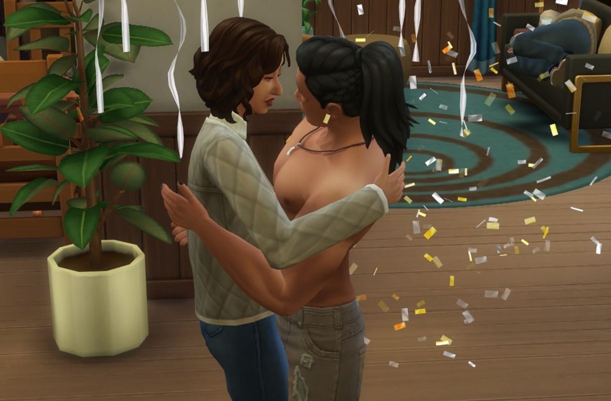 A Sims 4 screenshot, Elmira and Doba getting married in their living room, confetti sprinkled around.