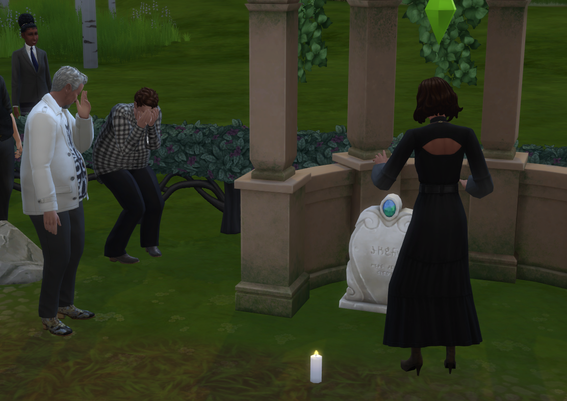 A Sims 4 screenshot, The family gathered around, sobbing over Salim's gravestone