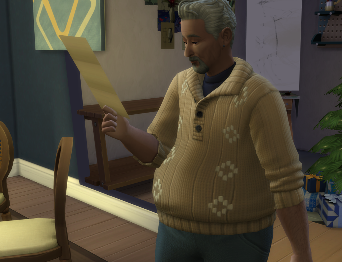 A Sims 4 screenshot, Miguel looking sadly, a small smile on his face, over his last will.